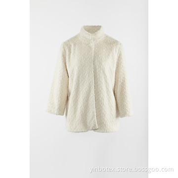 Ivory fake fur jacket with stand collar